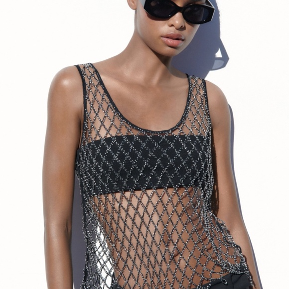 NWT Zara Rhinestone Mesh Top - Picture 1 of 4